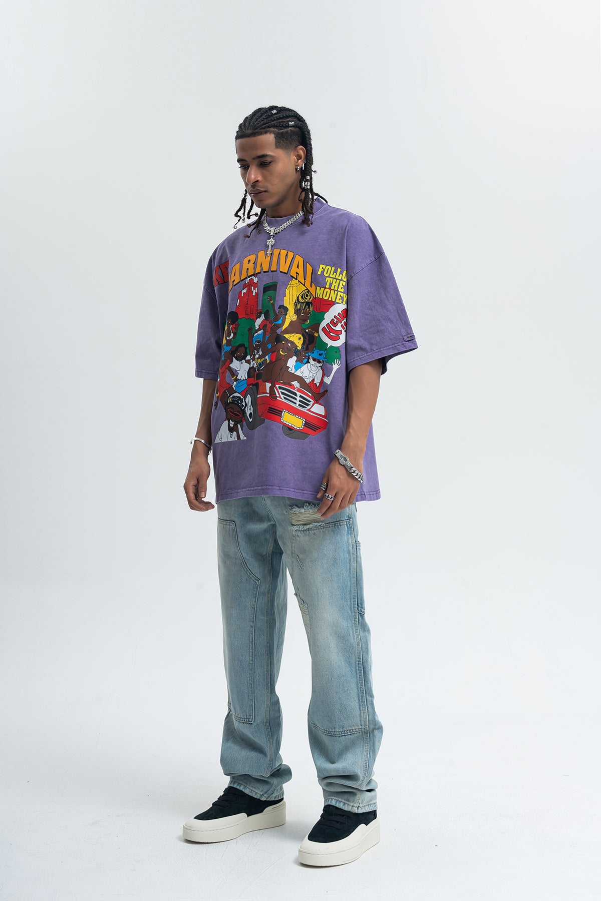 Carnival slogan t-shirt retro cartoon top 00s party tee in grey