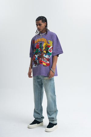 Carnival slogan t-shirt retro cartoon top 00s party tee in grey