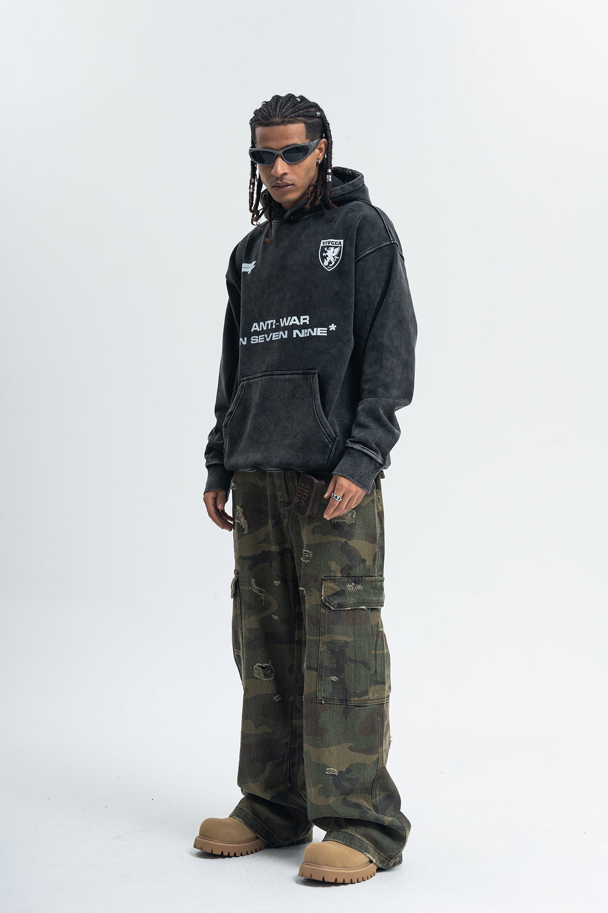 Anti war hoodie vintage wash peace jumper retro grunge top in acid grey