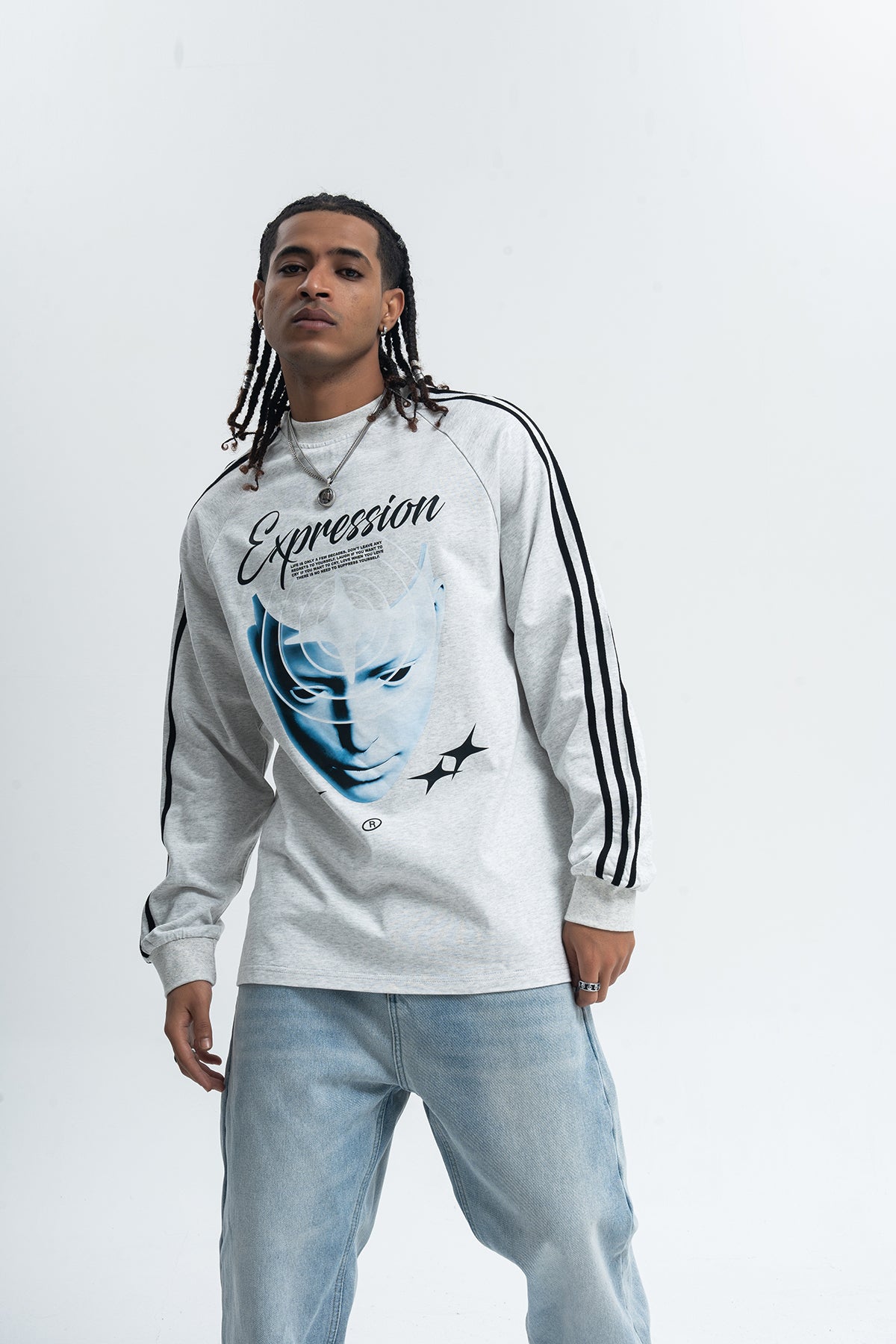 Psychedelic jumper long sleeve cybepunk top alien print t-shirt grunge striped pullover in black