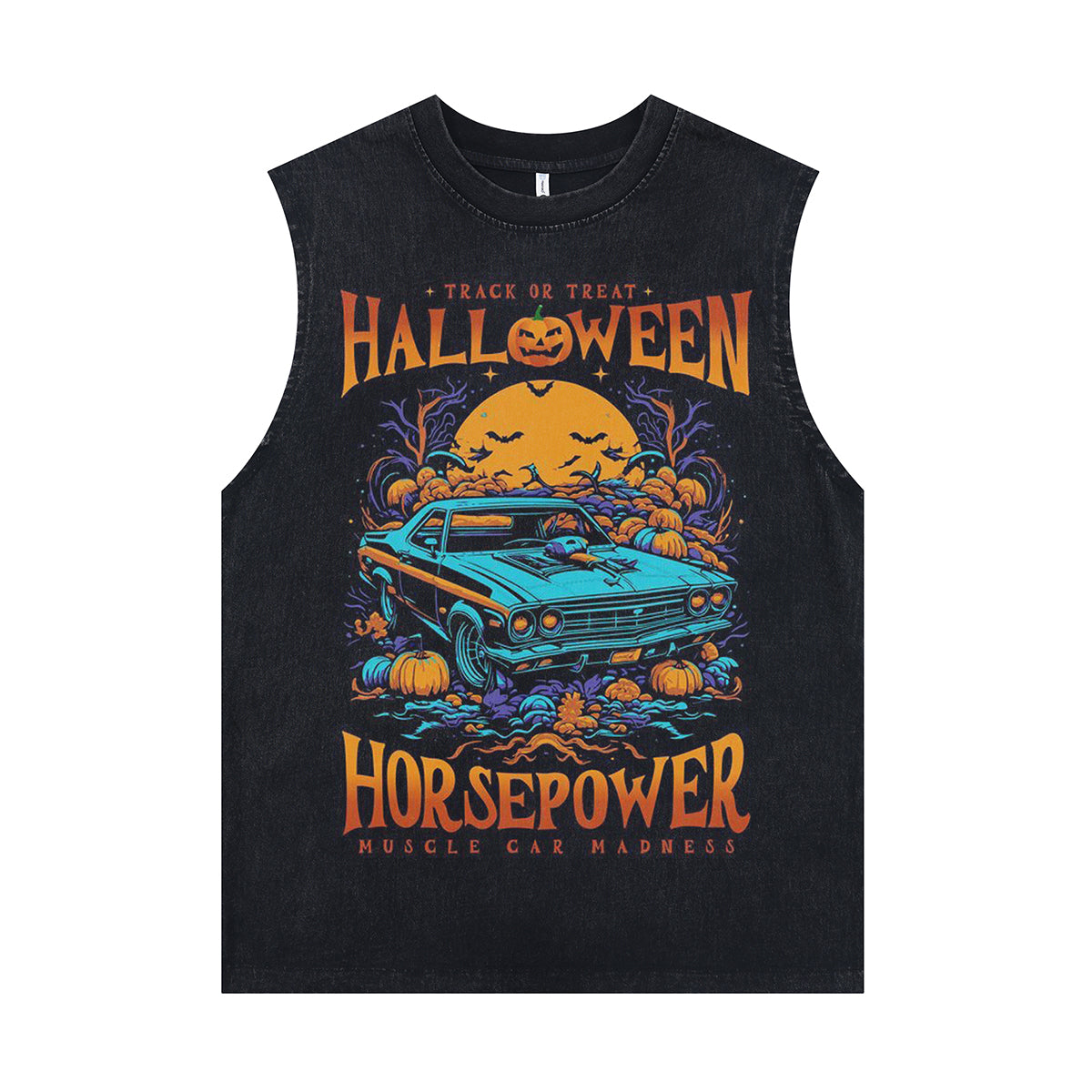 Halloween sleeveless t-shirt retro car print surfer vest 80s motorsports tank top in acid wash black