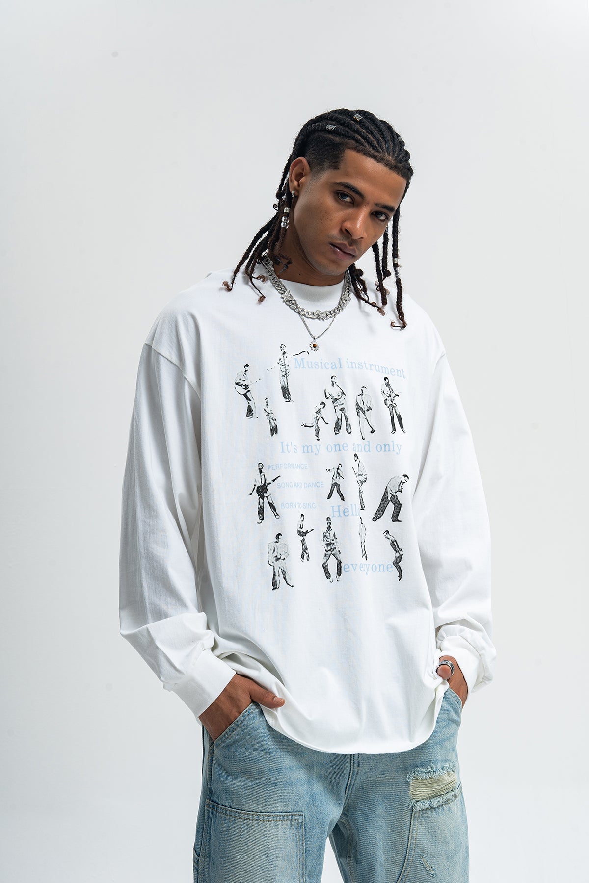 Retro poster jumper musician print long sleeve top 70s grunge t-shirt in brown