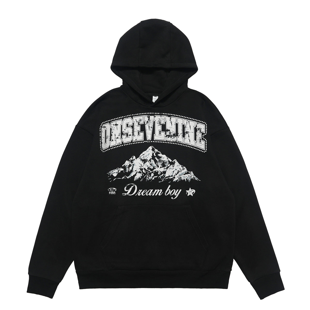 Dream boy slogan hoodie mountain print pullover retro landcape poster jumper in black