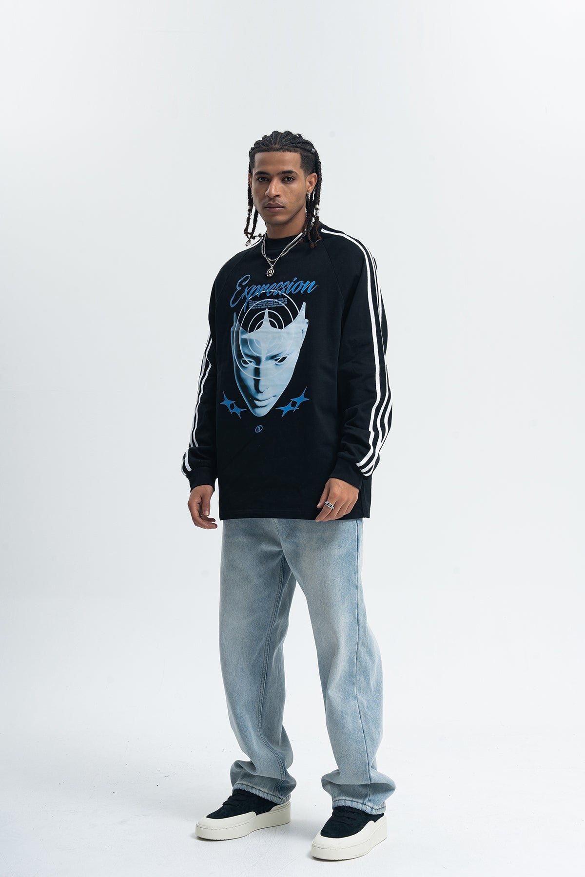 Psychedelic jumper long sleeve cybepunk top alien print t-shirt grunge striped pullover in black