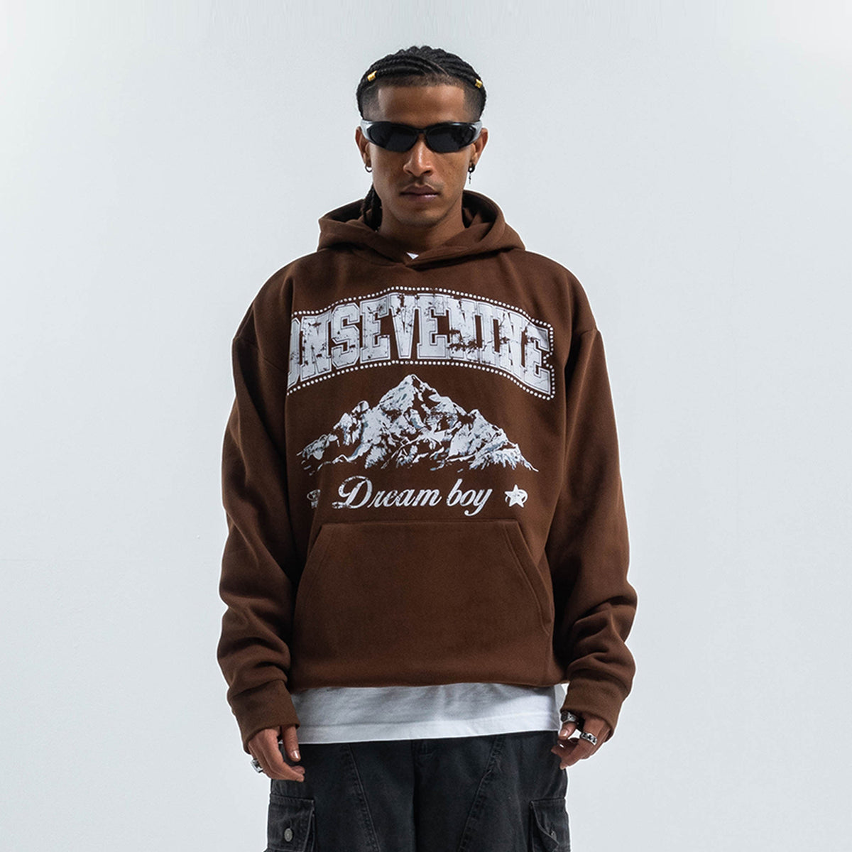 Dream boy slogan hoodie mountain print pullover retro landcape poster jumper in brown