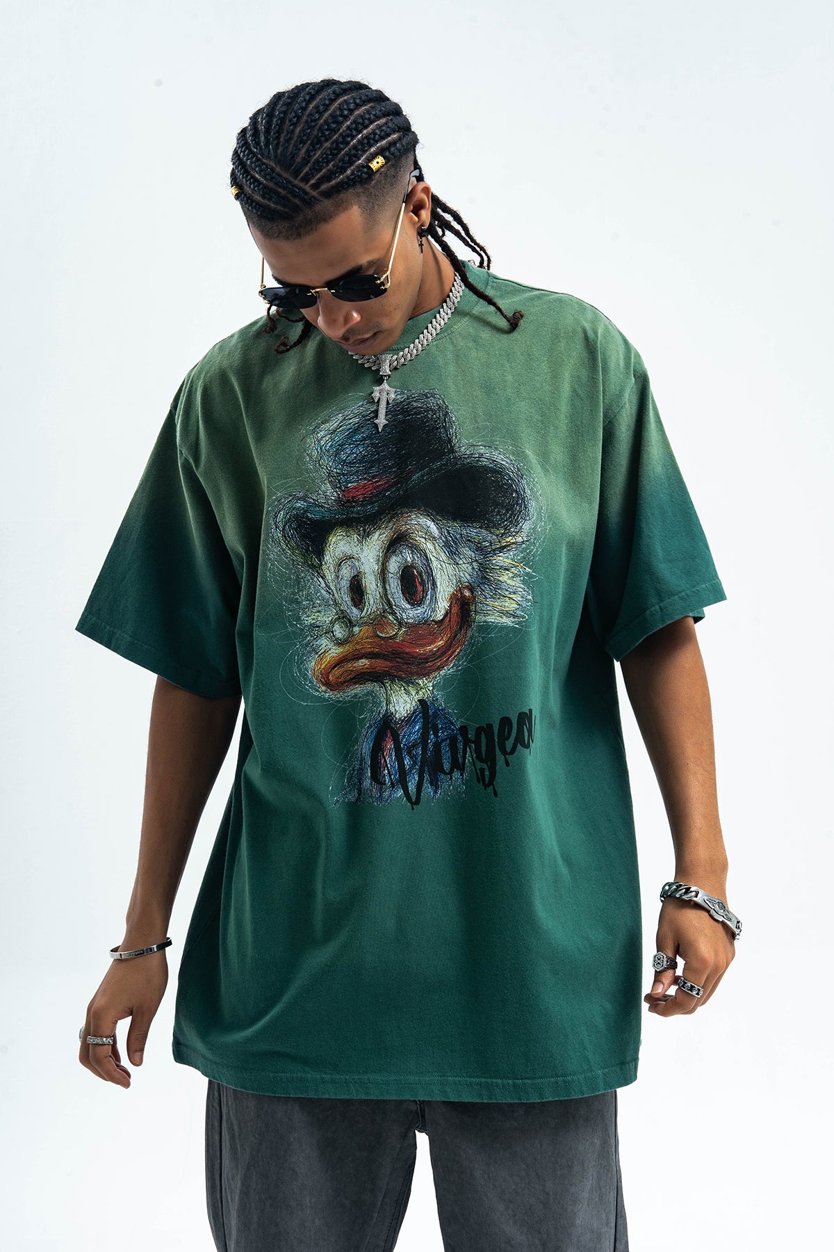 Duck cartoon t-shirt retro print tee old school top in green