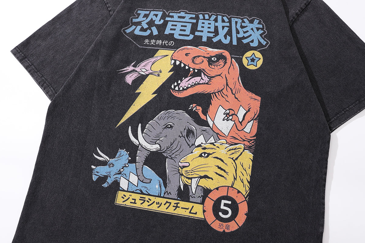 Dinosaur cartoon t-shirt Japanese cartoon tee retro anime top in vintage grey
