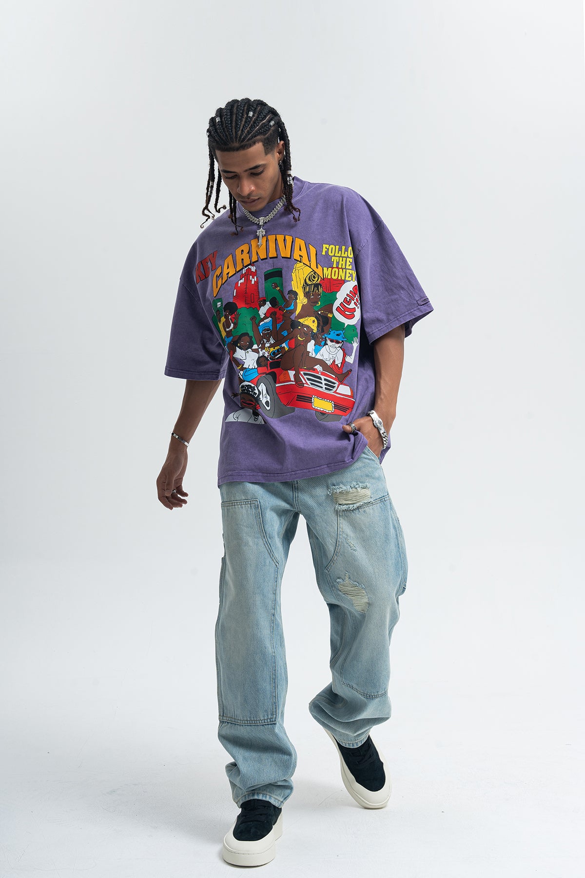 Carnival slogan t-shirt retro cartoon top 00s party tee in grey