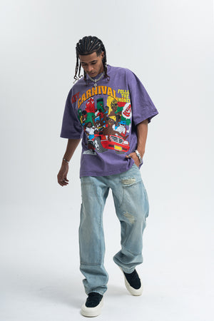 Carnival slogan t-shirt retro cartoon top 00s party tee in grey