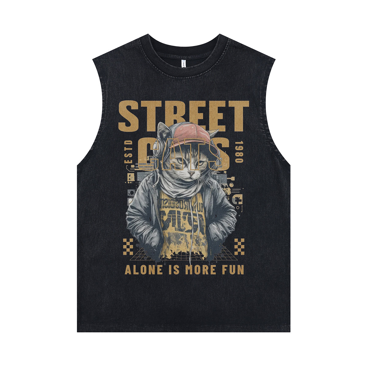 Street cat print sleeveless t-shirt gangster cartoon vest 90s retro poster tank top in acid wash black