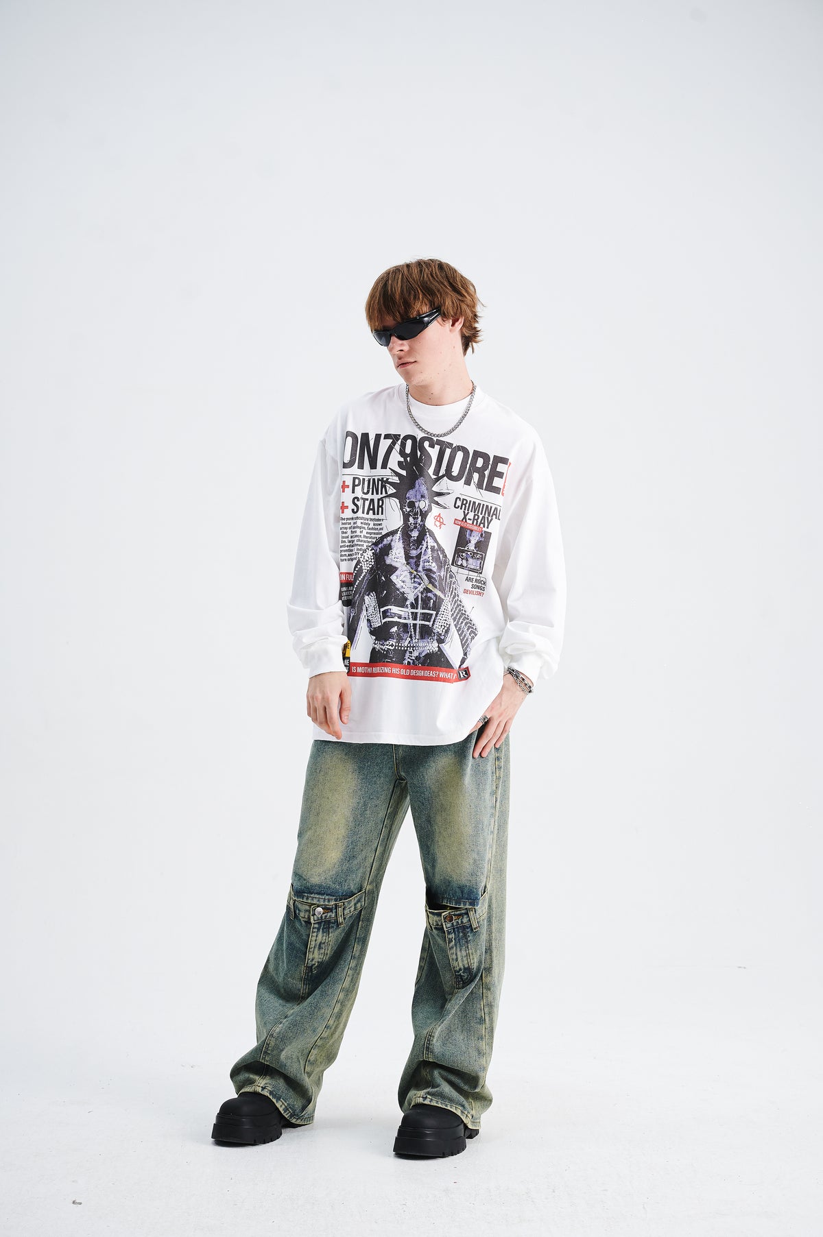 Y2k punk jumper 80s rocker top long sleeve psychedelic raver t-shirt in white