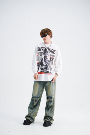 Y2k punk jumper 80s rocker top long sleeve psychedelic raver t-shirt in white