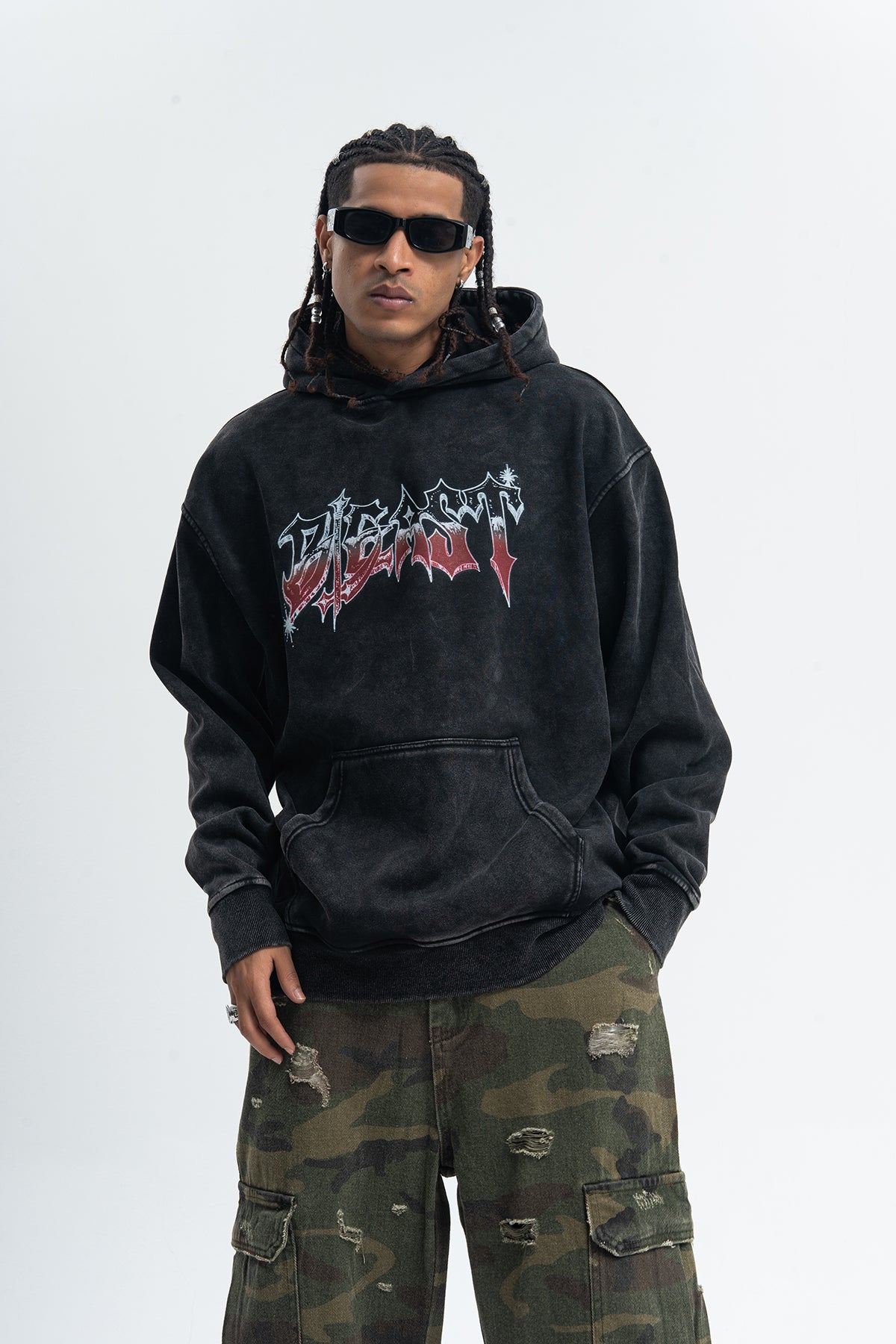 Beast slogan hoodie vintage wash pullover retro hip-hop jumper in acid grey