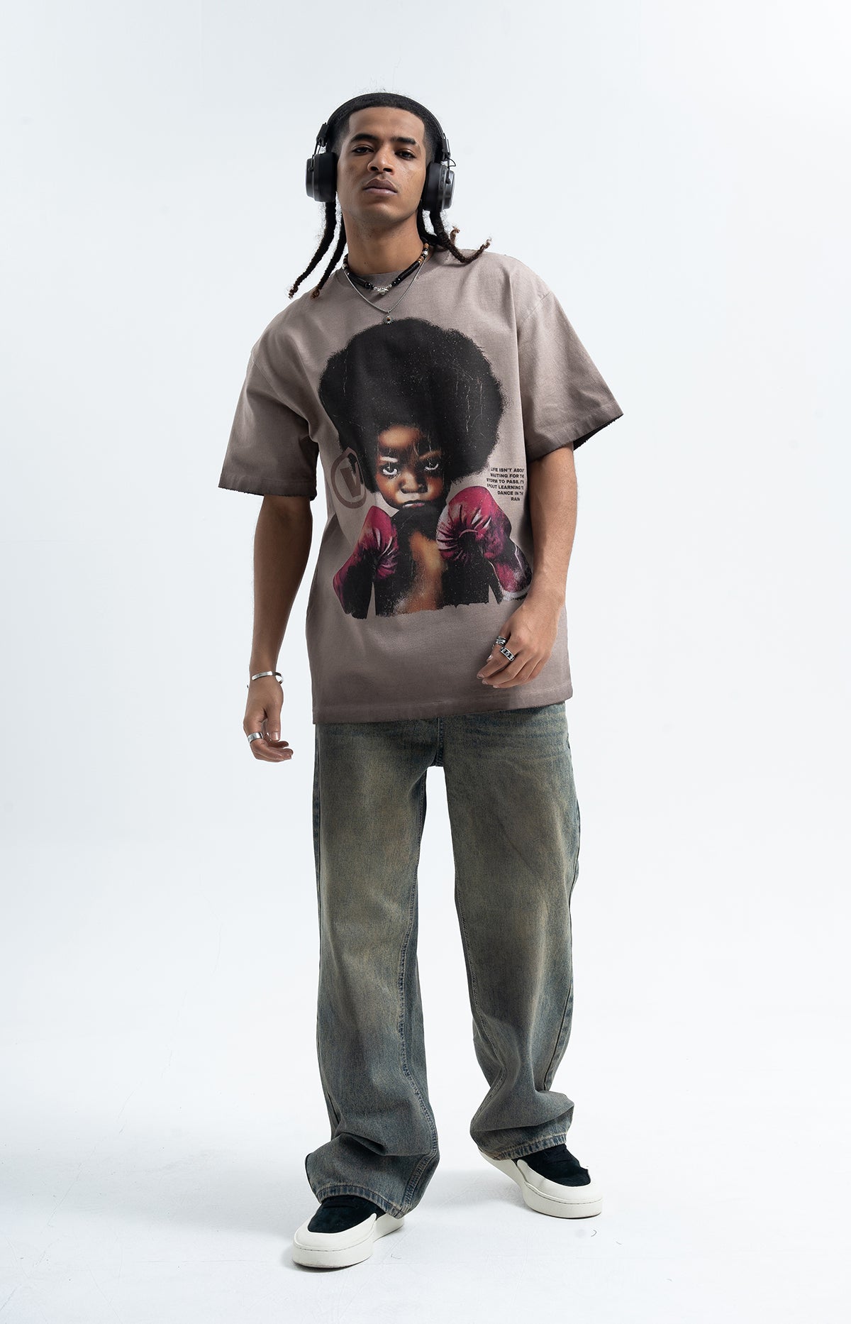 Kid boxer t-shirt retro cartoon top motivational slogan tee in grey