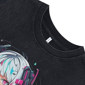 Anime cartoon sleeveless t-shirt Japanese girl poster surfer vest 00s Manga tank top in acid wash black