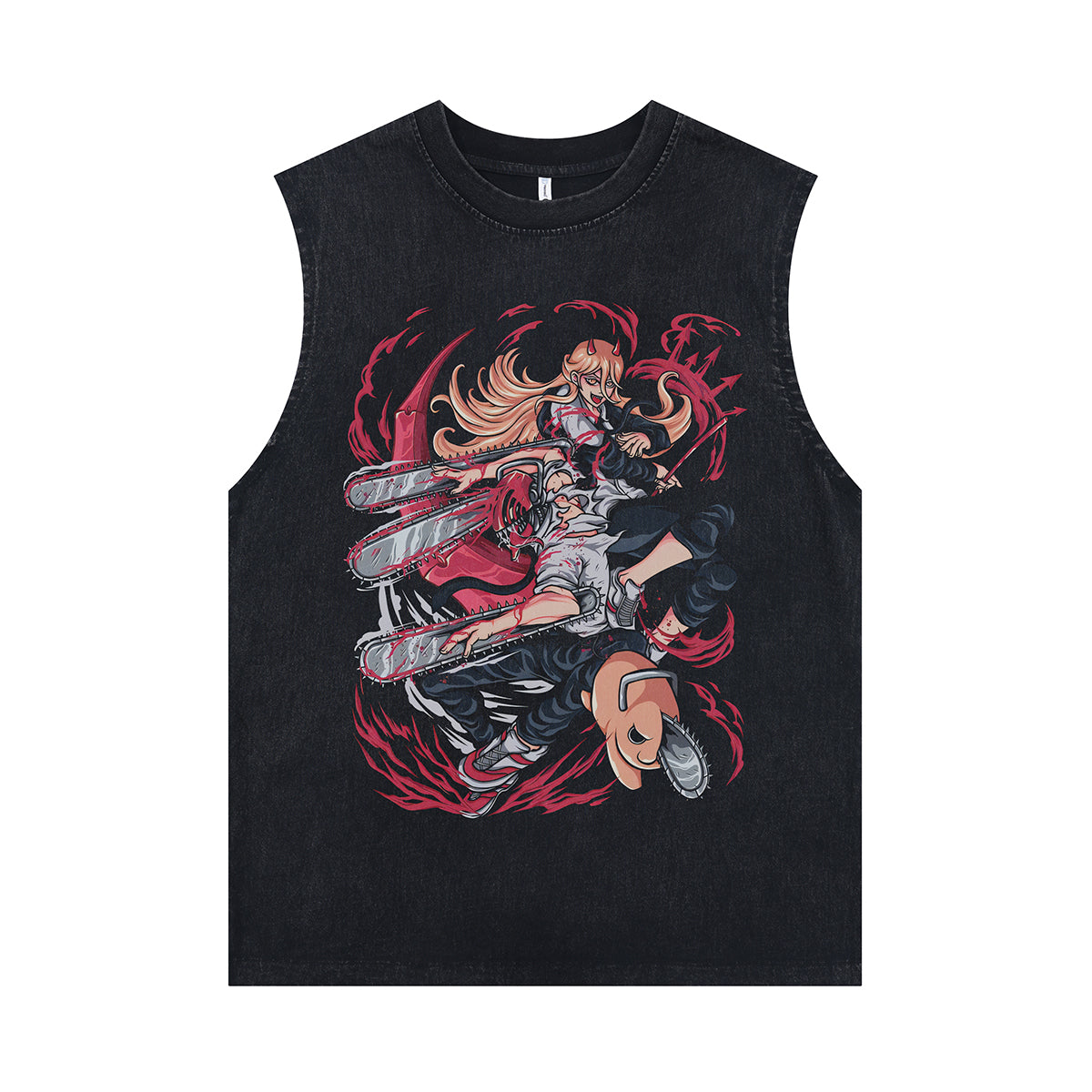 Jigsaw anime sleeveless t-shirt vintage Japanese vest creepy cartoon tank top in acid wash black