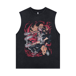 Jigsaw anime sleeveless t-shirt vintage Japanese vest creepy cartoon tank top in acid wash black