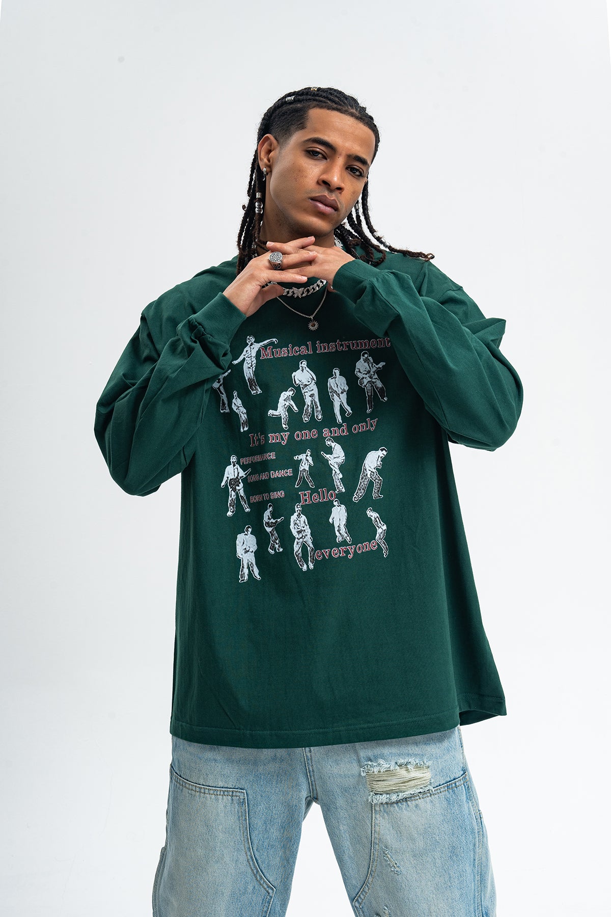 Retro poster jumper musician print long sleeve top 70s grunge t-shirt in brown