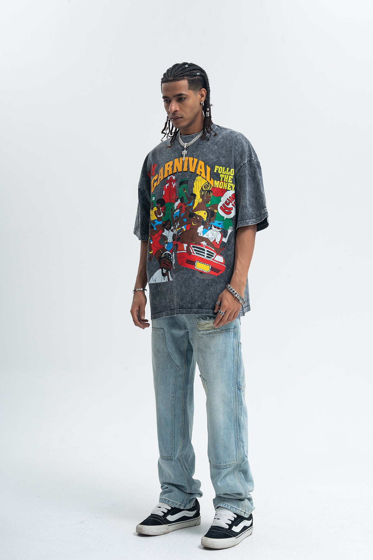 Carnival slogan t-shirt retro cartoon top 00s party tee in grey