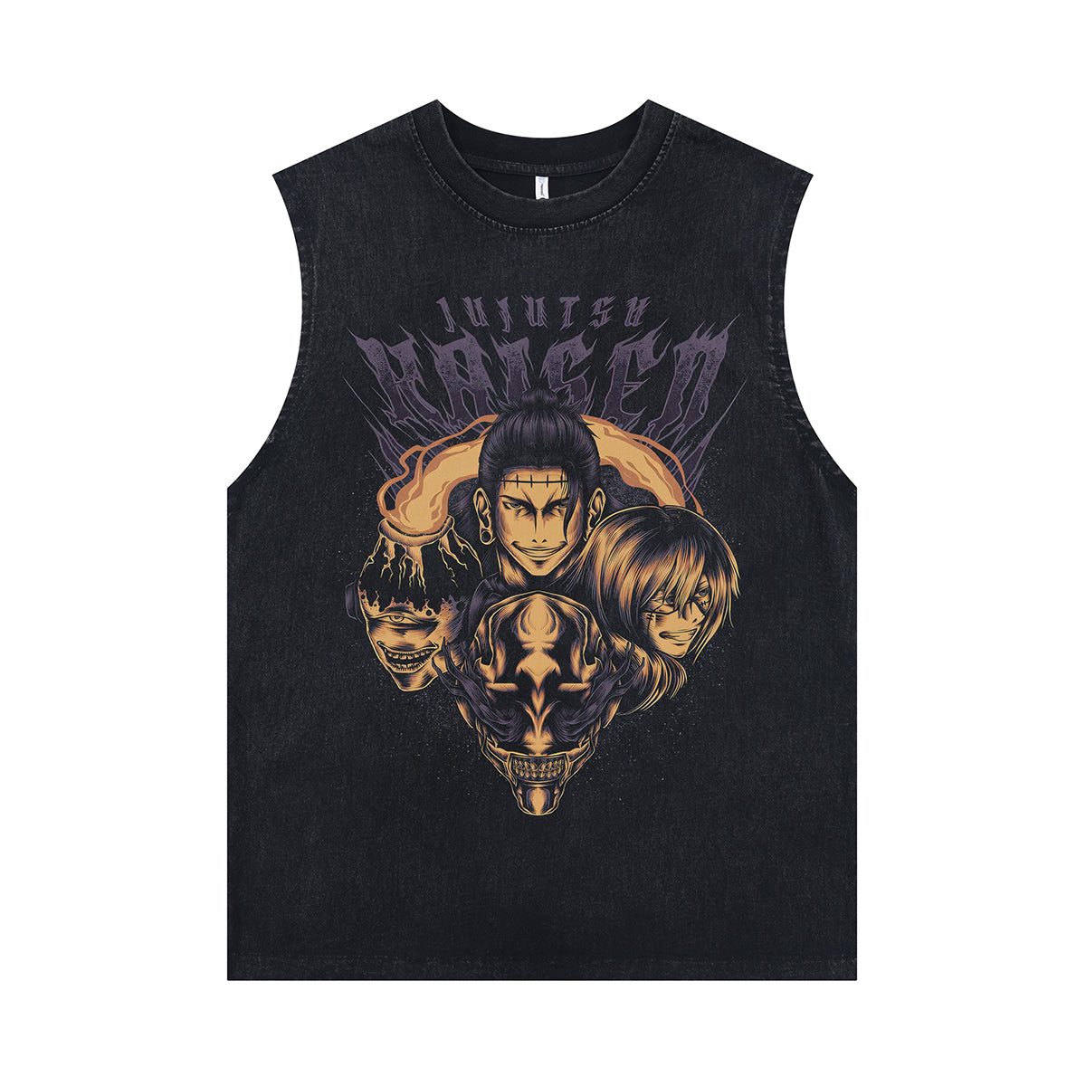 Jujutsu vintage sleeveless t-shirt old anime surfer vest retro cartoon tank top in acid wash black