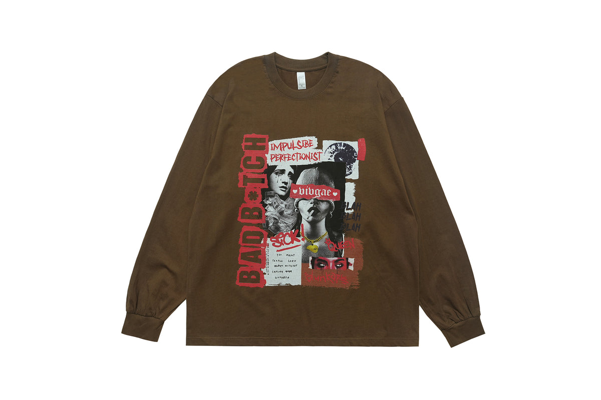 Bad bitch slogan top long sleeve raver tee grunge graffiti t-shirt in black