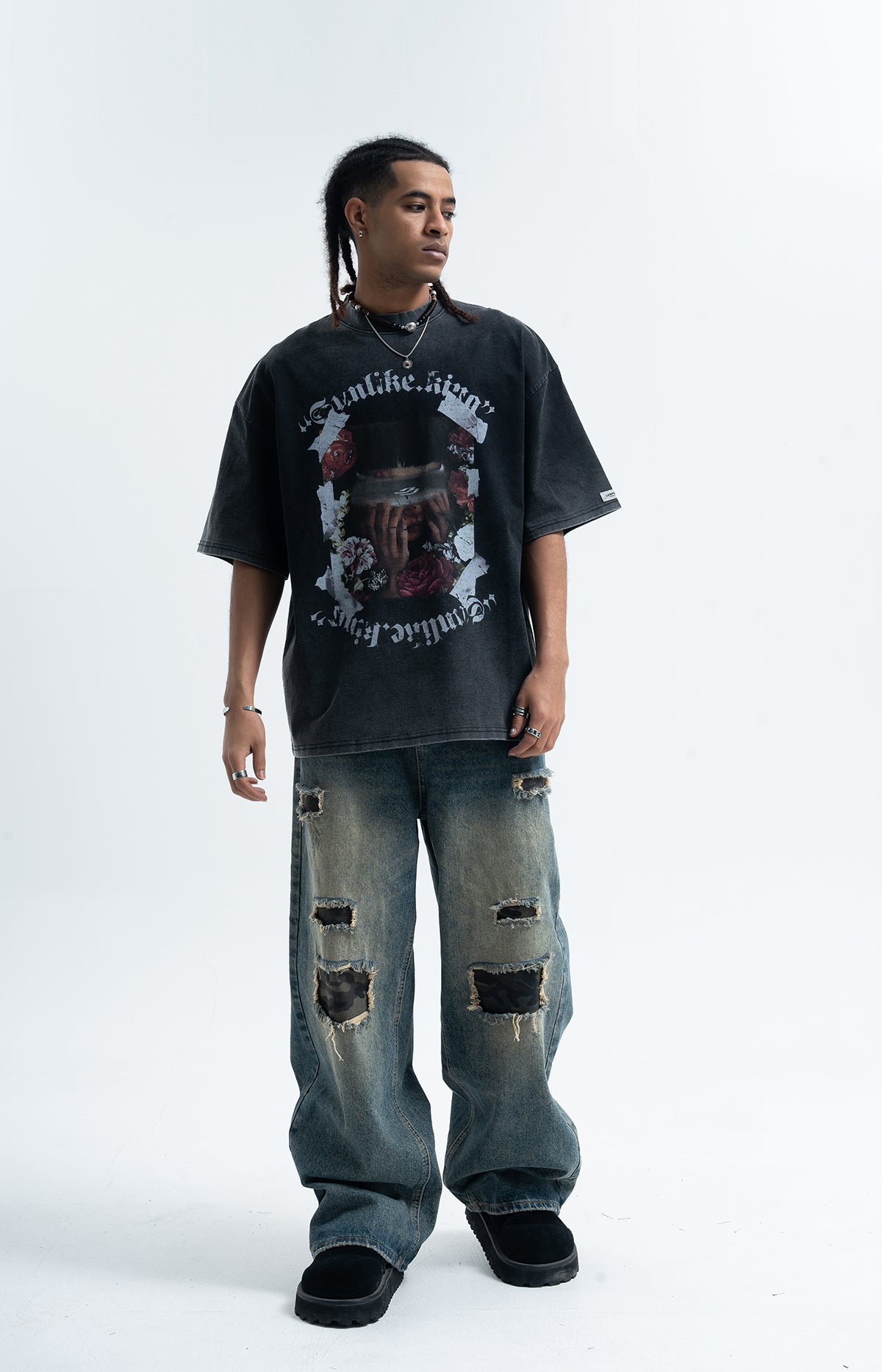 Blindfold t-shirt creepy girl top grunge punk tee in blue