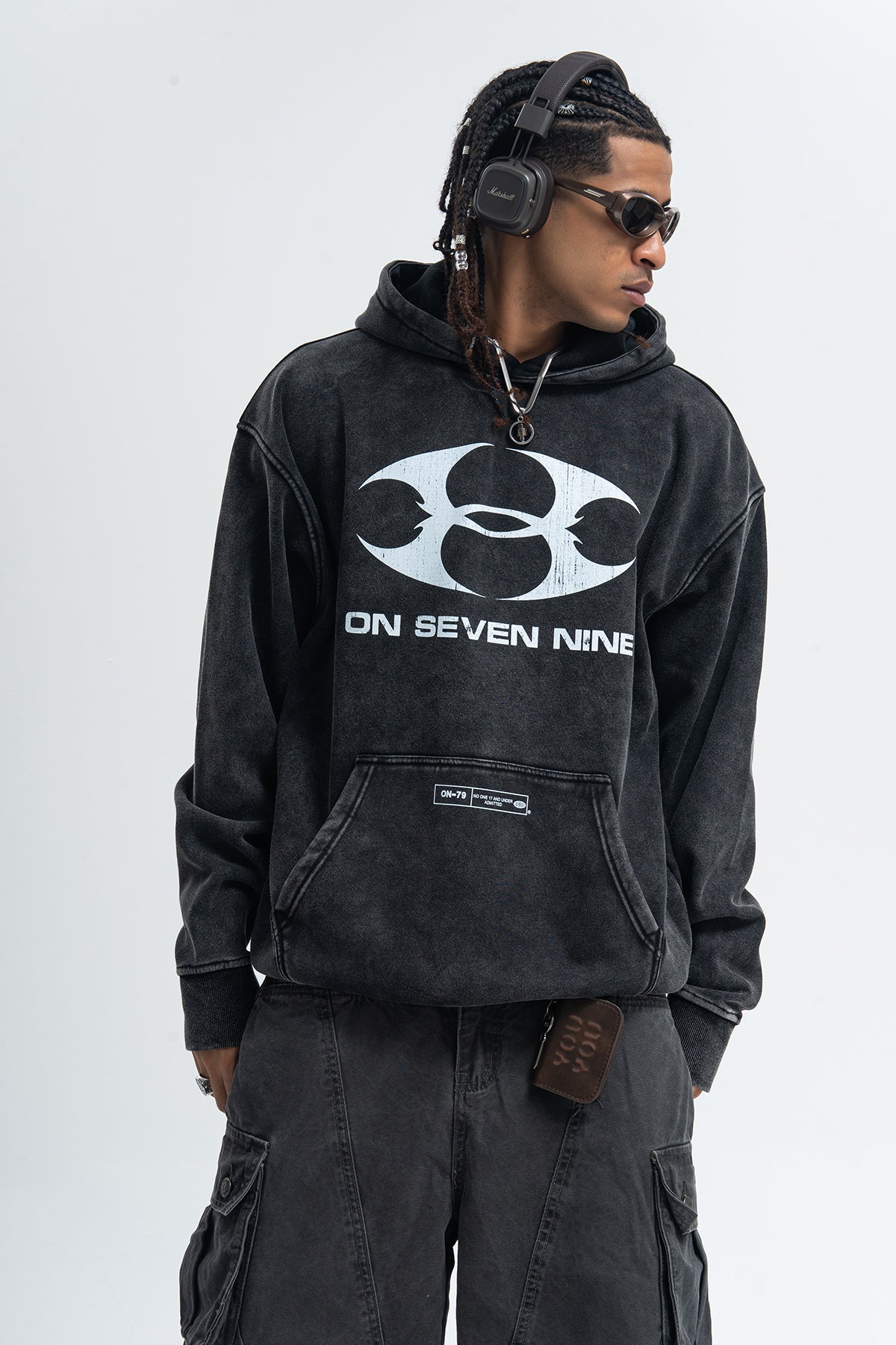 Cyberpunk hoodie tribal print pullover vintage wash raver jumper in acid grey