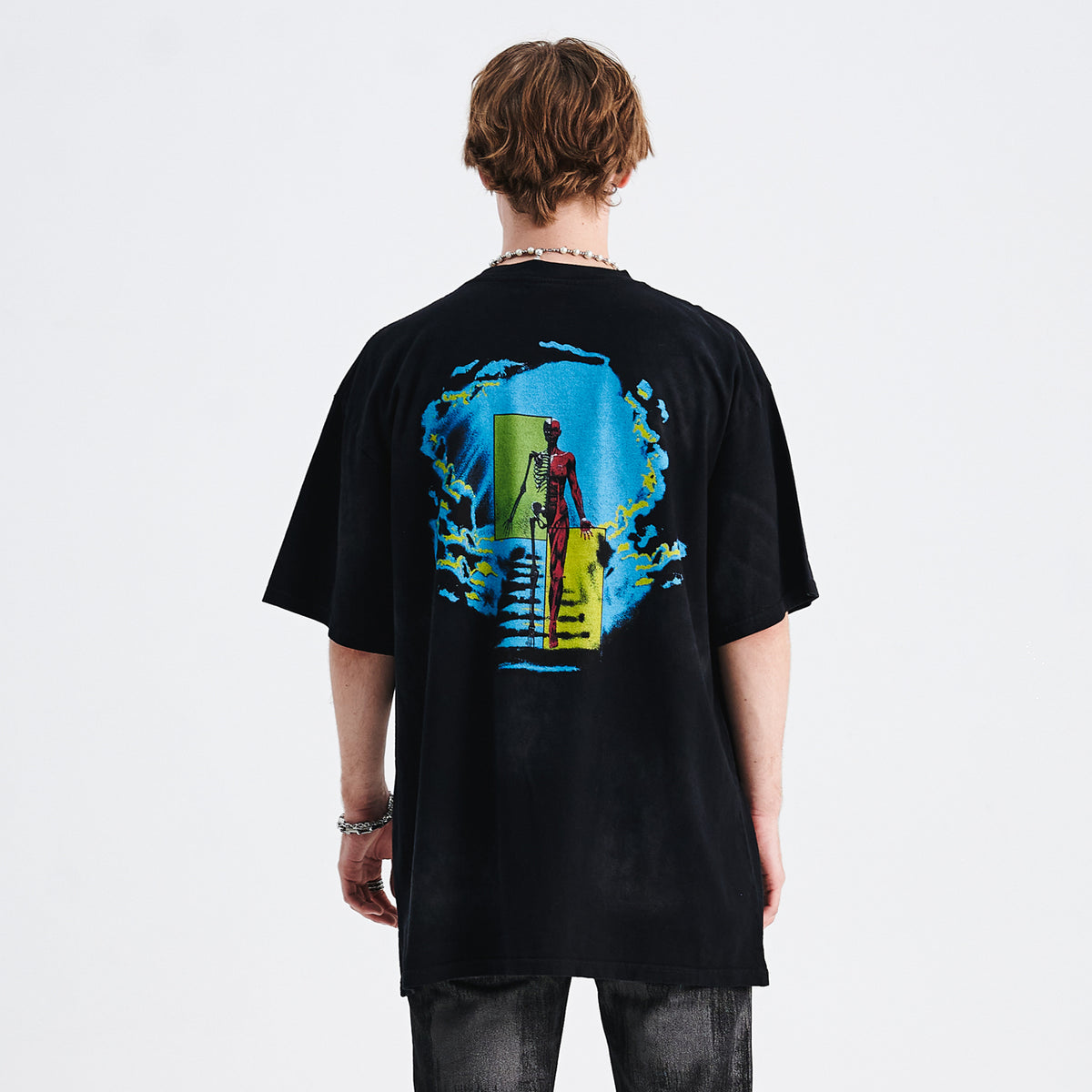 Creepy skeleton t-shirt bones cartoon top scary skull tee in black