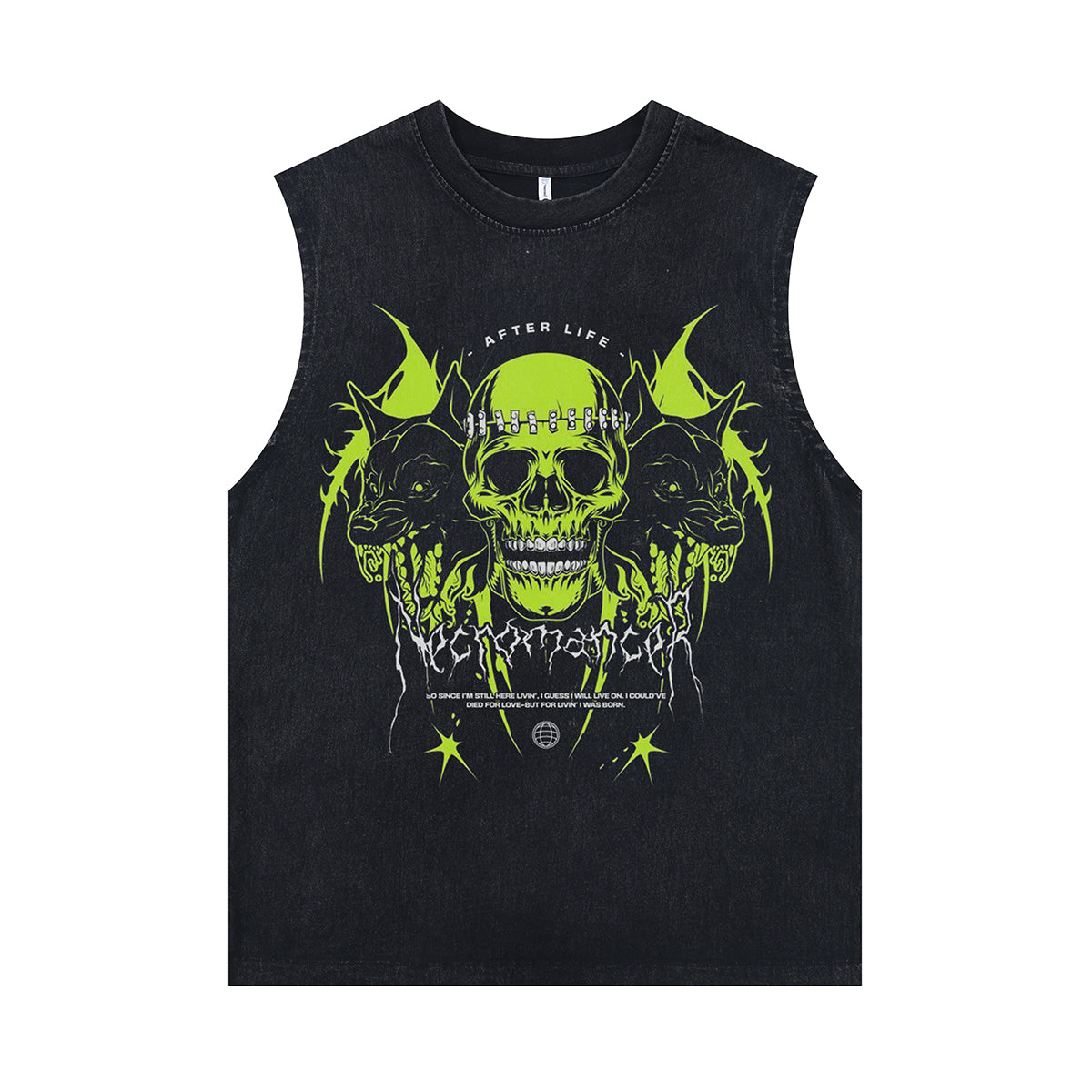 Gothic skull sleeveless t-shirt cyberpunk surfer vest 00s necromancer slogan tank top in acid wash black