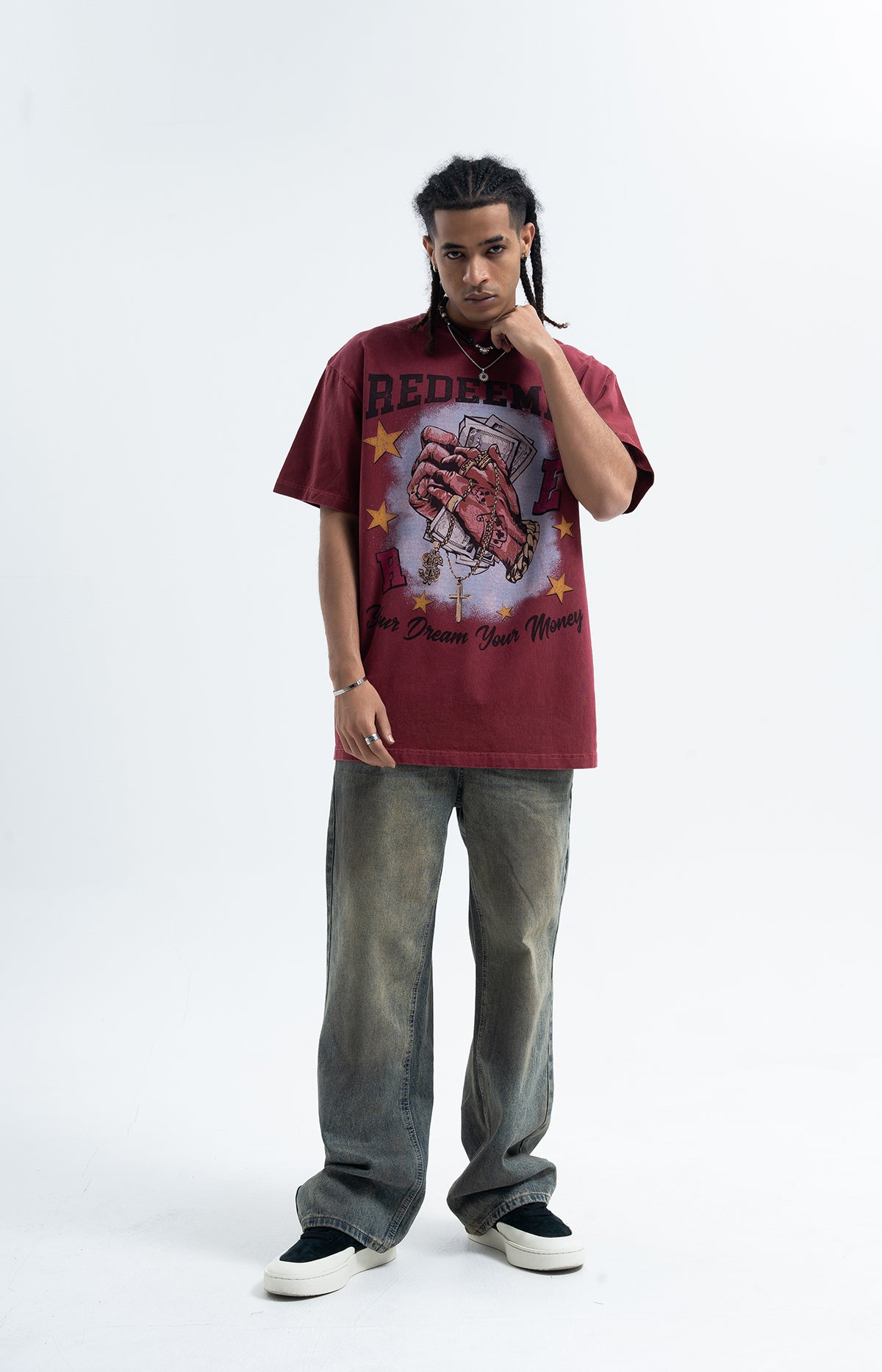 Money slogan t-shirt praying hands top cross print tee in red