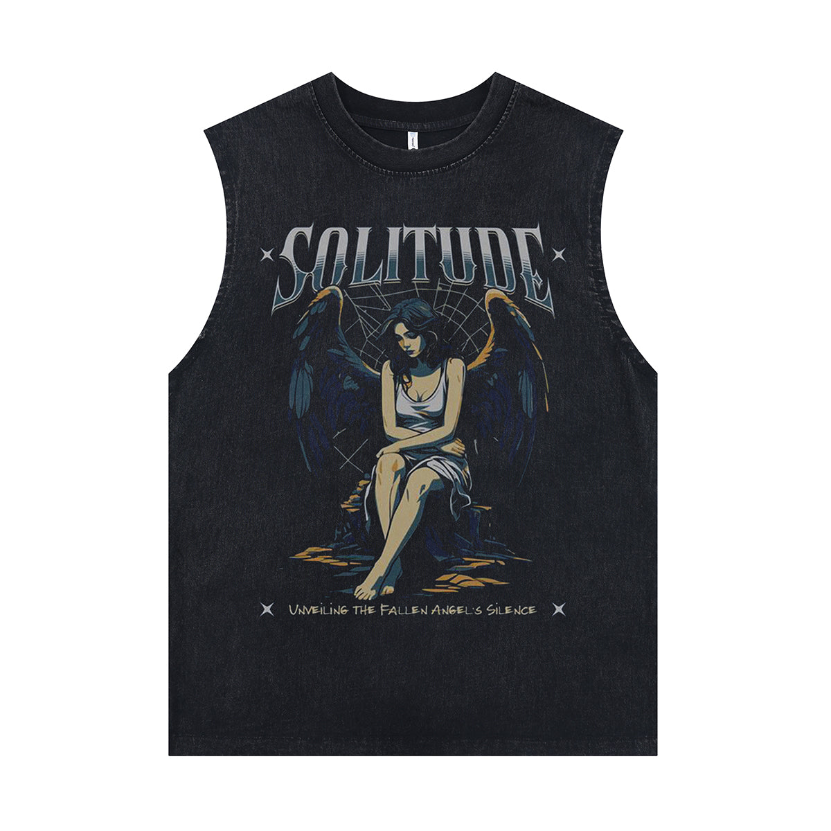 Angel print vintage sleeveless t-shirt solitude slogan surfer vest retro angel tank top in acid wash black