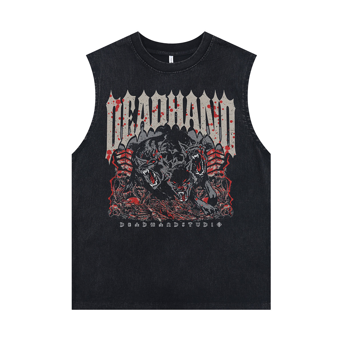 Gothic wolves sleeveless t-shirt creepy cartoon surfer vest metalcore tank top in acid wash black
