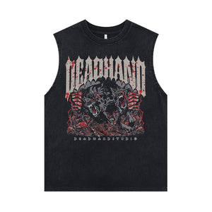 Gothic wolves sleeveless t-shirt creepy cartoon surfer vest metalcore tank top in acid wash black
