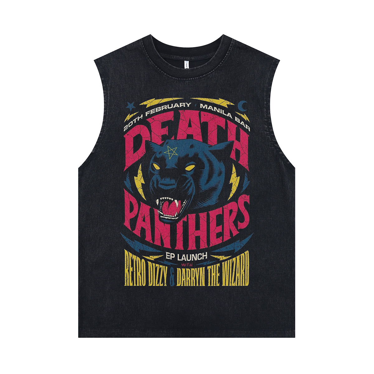 Panther print vintage sleeveless t-shirt gothic surfer vest retro metalcore tank top in acid wash black