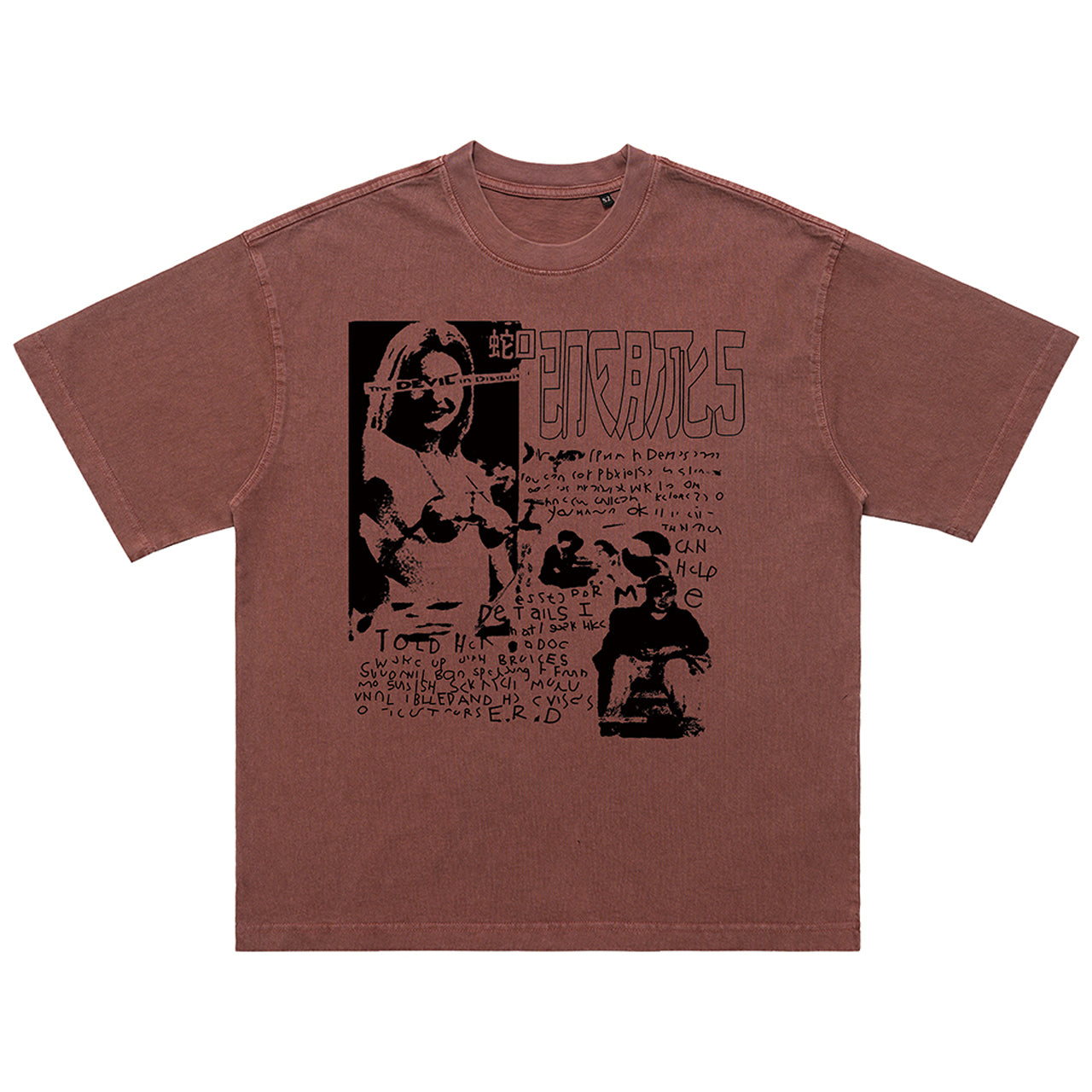 Grunge graffiti t-shirt retro print top hip-hop tee in brown