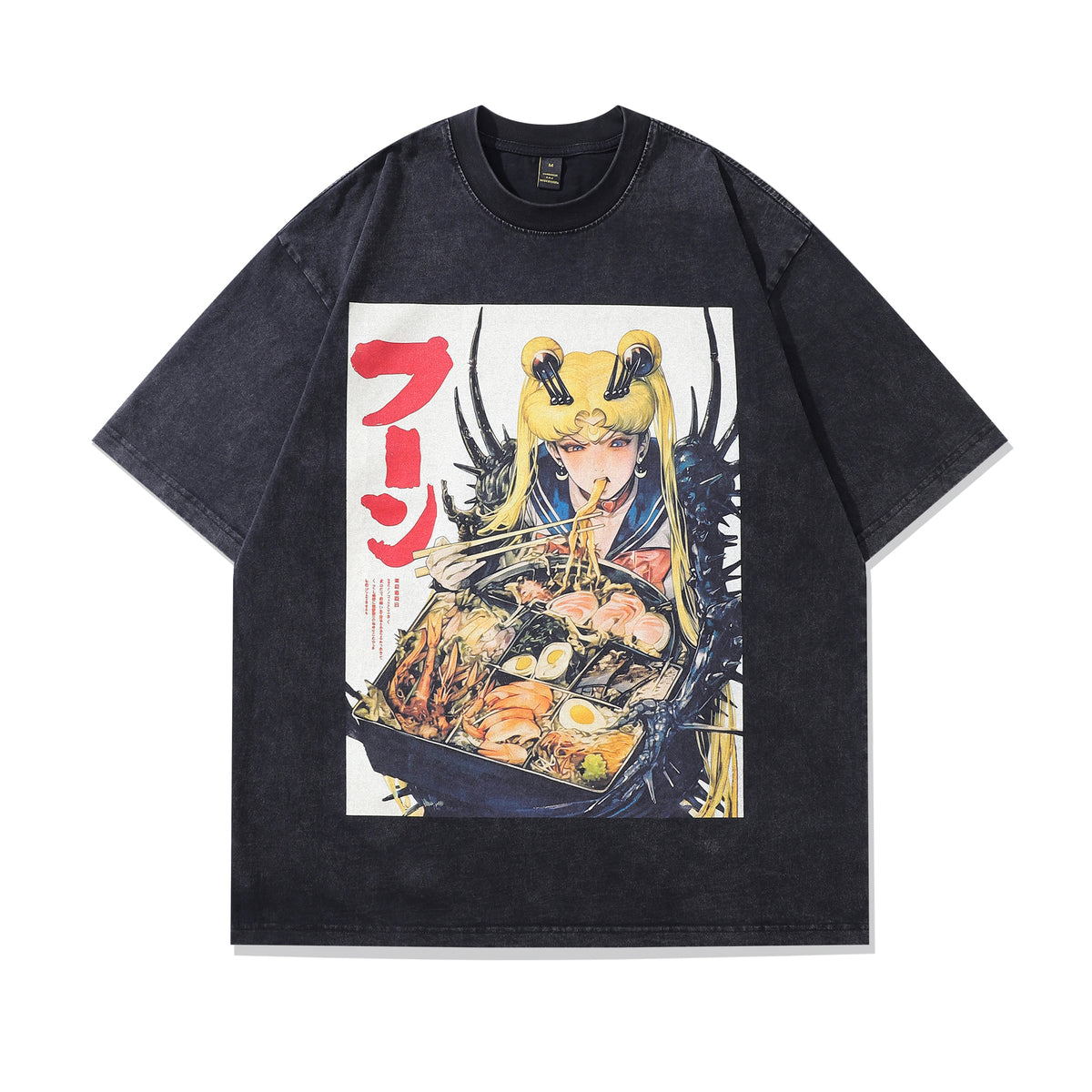 Sushi t-shirt fast food tee retro Japanese cartoon top in vintage grey