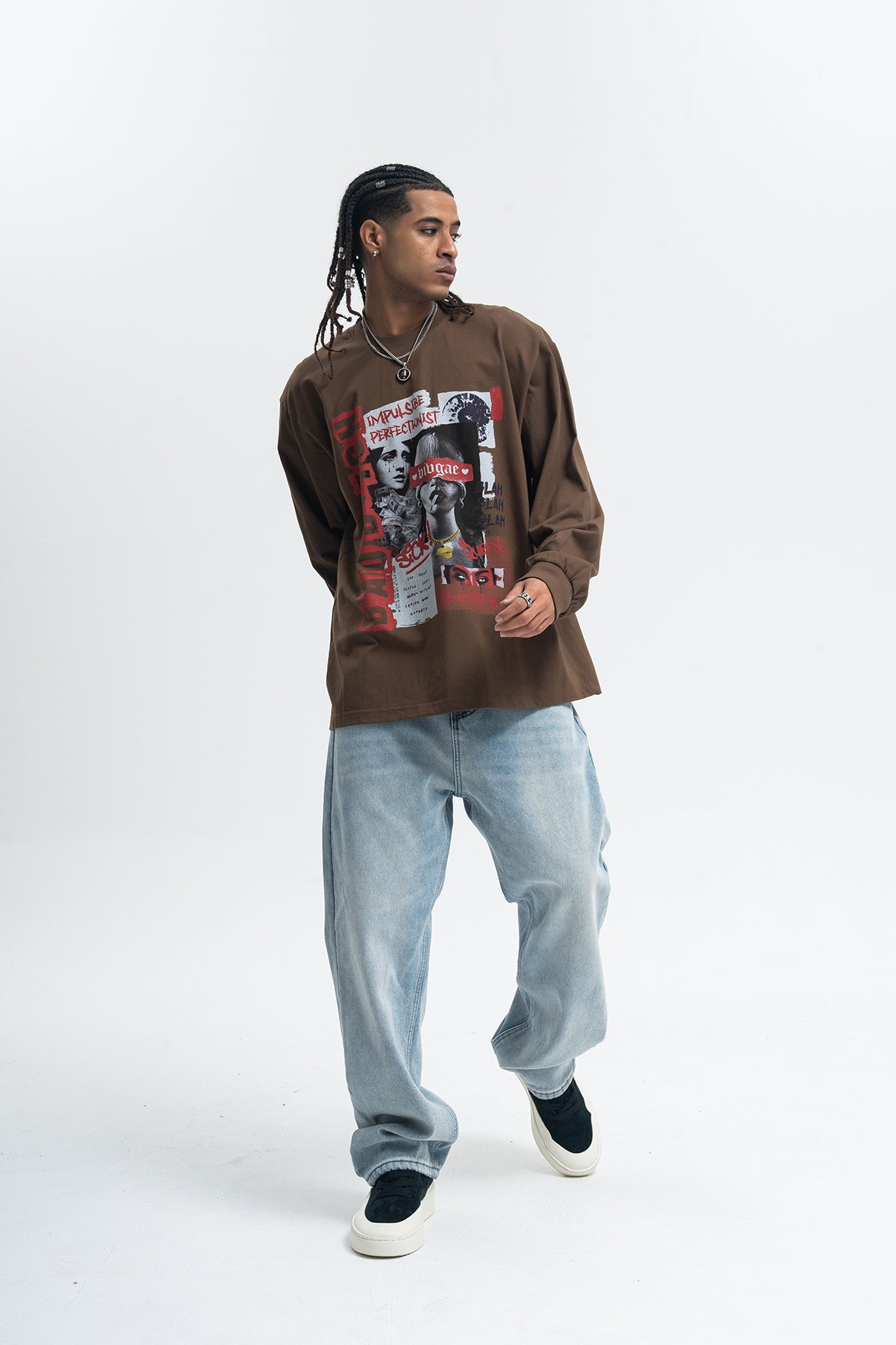 Bad bitch slogan top long sleeve raver tee grunge graffiti t-shirt in black