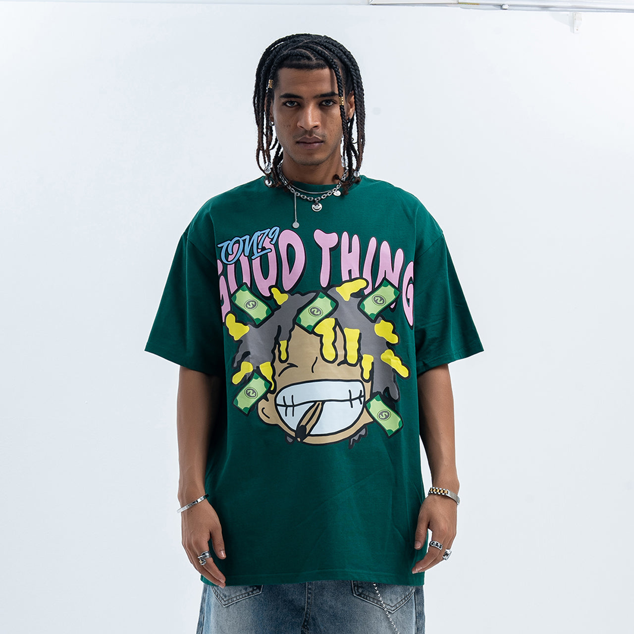 Hip-hop t-shirt rapper top money print tee Green