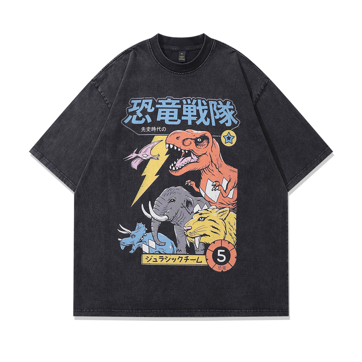 Dinosaur cartoon t-shirt Japanese cartoon tee retro anime top in vintage grey