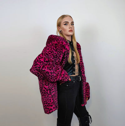 Hooded faux fur leopard jacket animal print bomber bright raver coat fluffy cheetah fleece festival puffer neon burning man overcoat green