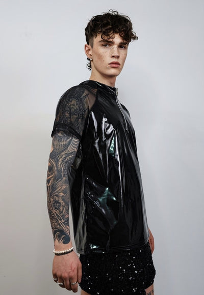 Rubber polo shirt PU grunge top transparent sleeves jumper