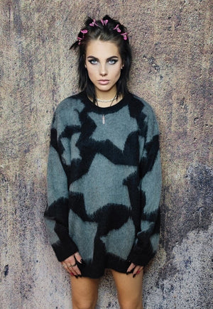 Grunge sweater star jumper knitted fluffy jumper in grey