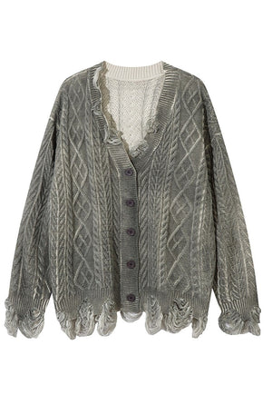 Grunge cardigan oil wash cable knitted ripped punk sweater