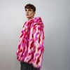 Hooded faux fur striped jacket zebra bomber neon raver coat fluffy tie-dye fleece festival puffer burning man going out overcoat red pink