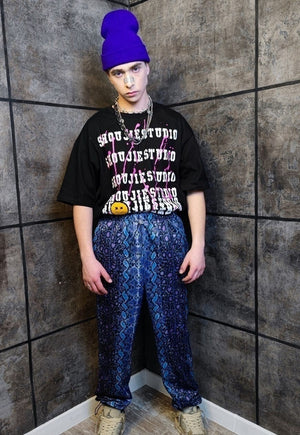 Snake print joggers handmade Python overalls in purple blue