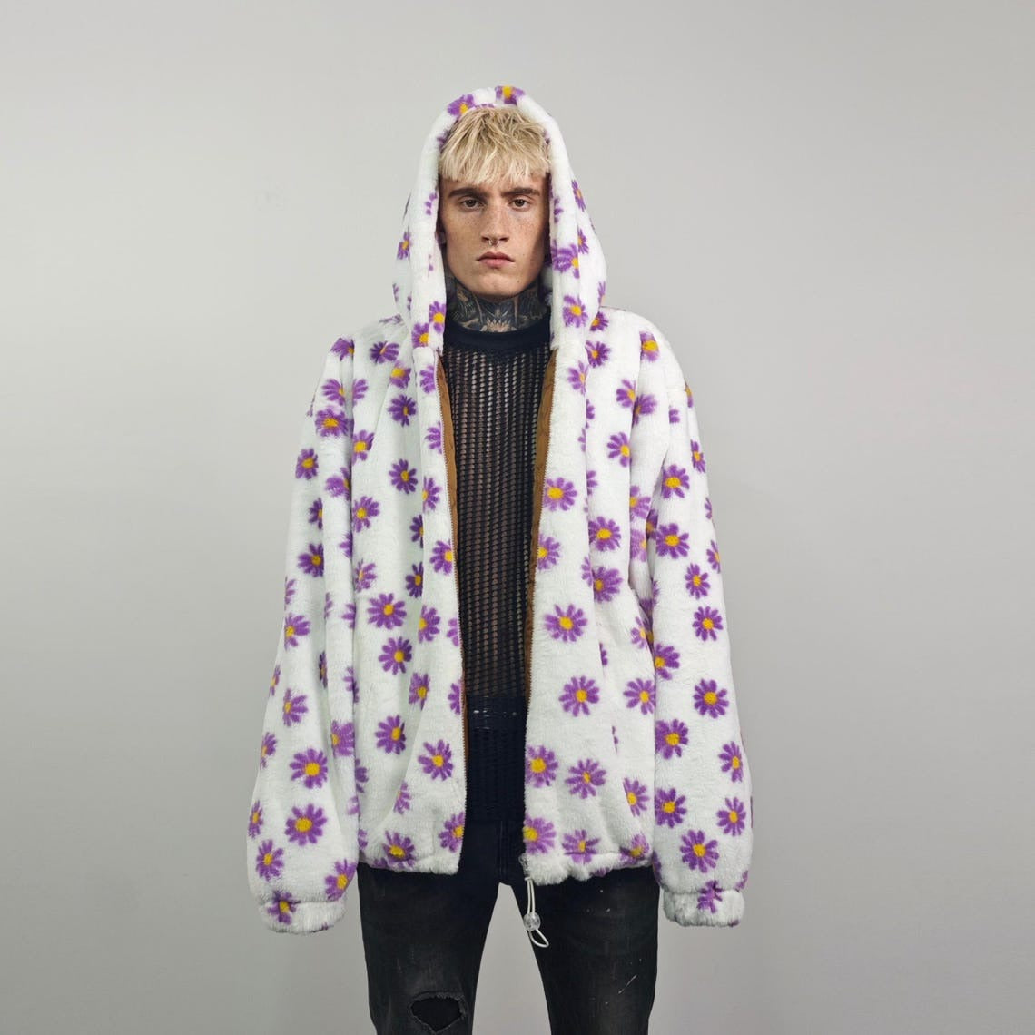 Floral fleece jacket white daisy print bomber fluffy sunflower pullover handmade rave festival overcoat grunge fuzzy hoodie