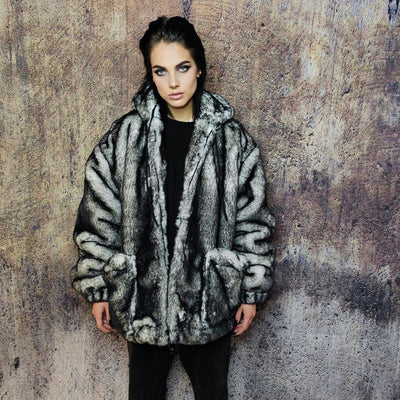 Faux fur luxury jacket handmade premium fleece jacket fluffy hooded coat grunge bomber tie-dye puffer in vintage acid grey