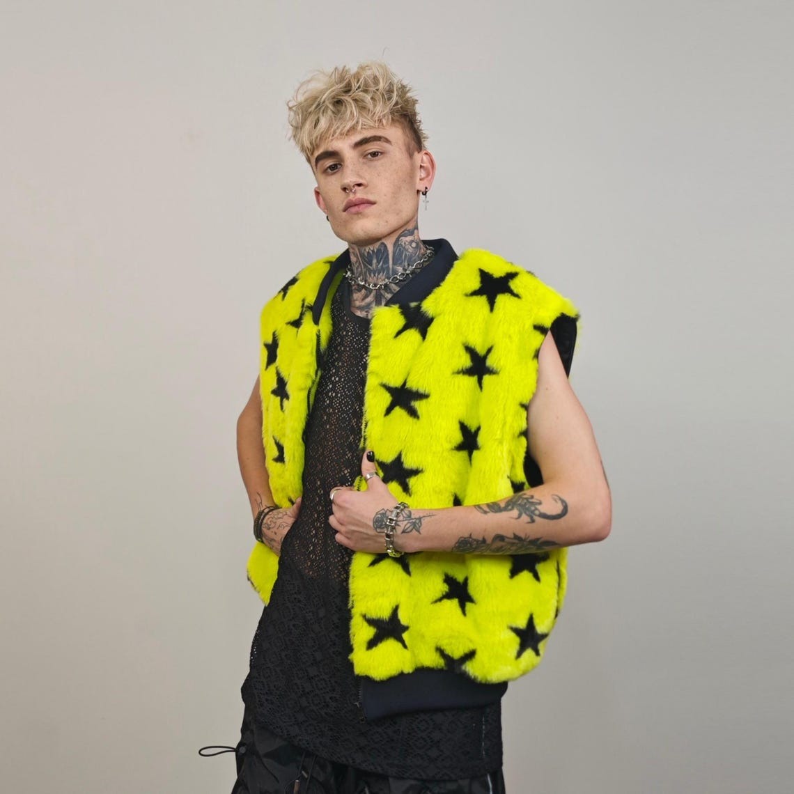 Star print varsity jacket yellow faux fur short coat college fleece bomber geometric jacket detachable sleeves party overcoat festival set