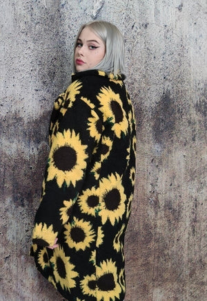 Daisy fleece jacket retro sunflower floral trench coat black