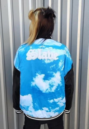 Clouds varsity bomber sky faux leather sleeves jacket blue